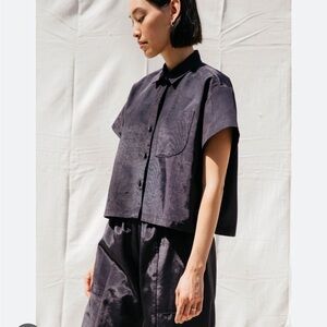 Nikki Chasin Corso Button down shirt pocket short sleeve Black Moire boxy XXL